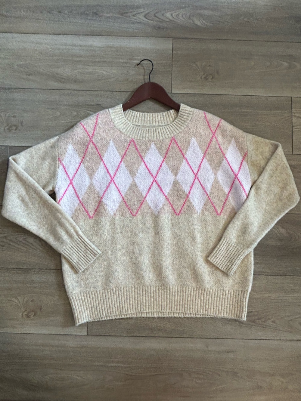 LOFT Wool Blend Pink Argyle Sweater Womens Small Cozy Preppy Oversized